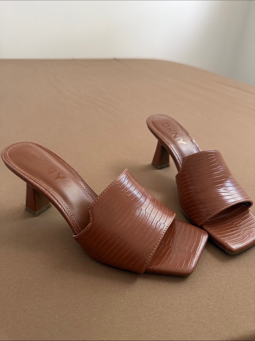 DKNY Brown Croc-Embossed Square Toe Heeled Mules